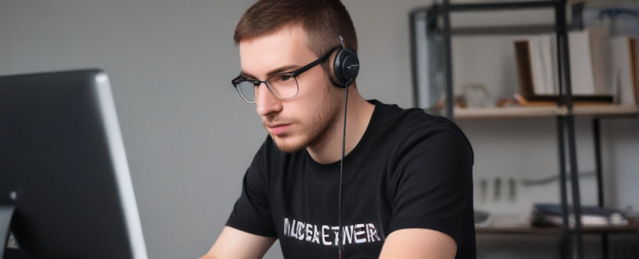 A web developer wearing a black t-shirt while coding on his computer.