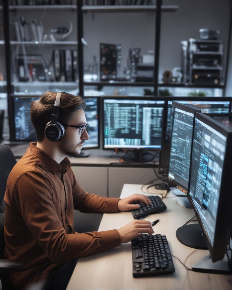A programmer at a desk, securing IPTV content and user data, uses advanced encryption and security protocols to prevent unauthorized access and safeguard information.
