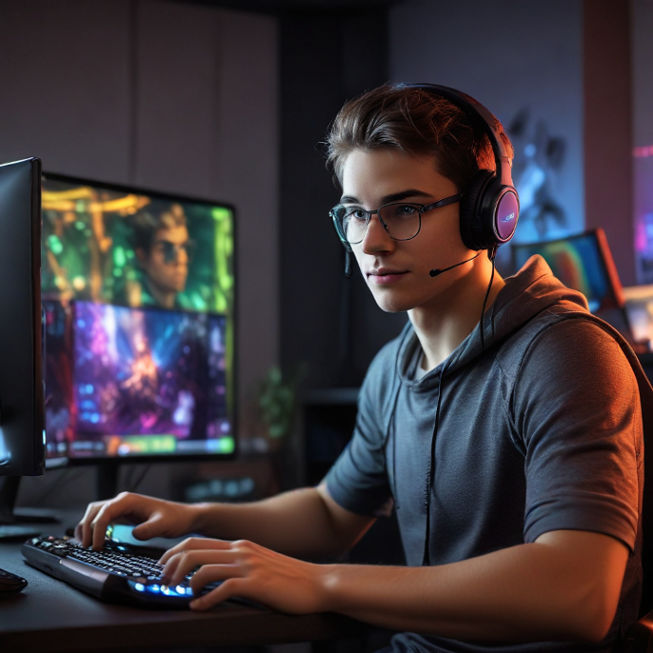 A young man in a gaming headset sits in a rgb-lit room, smiling at his gaming PC while coding enthusiastically. Lines of codes can be seen on the screen.