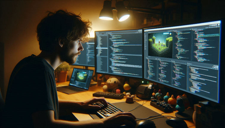 A Unity developer customizing a game using MelonLoader, with code on-screen and gameplay preview.