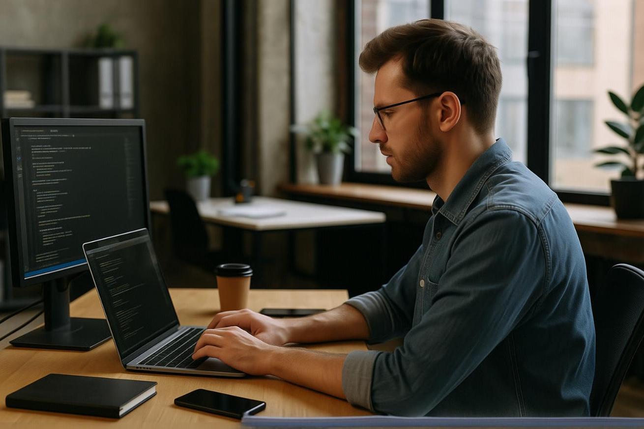 A programmer working on a laptop in a modern office with code on screen.