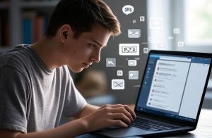 developer coding on a laptop, receiving notifications 