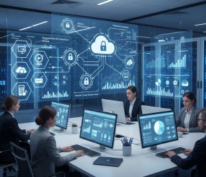 A modern office environment with HR managers using cloud-based dashboards, digital charts visualizing employee data, secure cloud server icons, and network connections symbolizing private cloud integration for SuccessFactors HR operations, in professional blue and white tones.